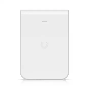 Piekļuves punkts UBIQUITI U7 Pro Wall — sienā iebūvējams Wi‑Fi 7 AP, 2,4/5/6 GHz, 6 telpiskās plūsmas, 2500 Mbps LAN, PoE (44–57 V), iekštelpām, balts