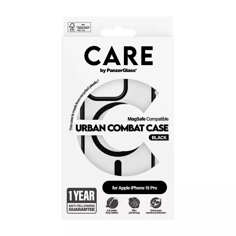 PanzerGlass CARE™ by ® Urban Combat caurspīdīgs ar melnu MagSafe iPhone 15 Pro