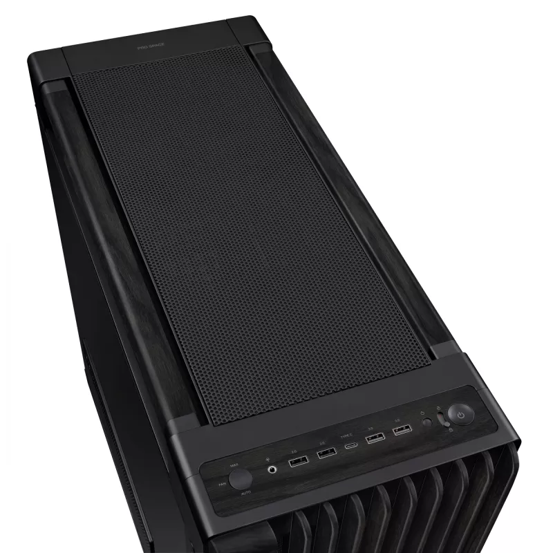 PC korpuss ASUS ProArt PA602 Wood Edition Midi Tower Melns — Koks, ATX/EATX atbalsts, Rūdīts stikls, 4×3.5 collu / 8×2.5 collu, GPU līdz 450 mm