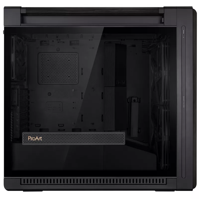 PC korpuss ASUS ProArt PA602 Wood Edition Midi Tower Melns — Koks, ATX/EATX atbalsts, Rūdīts stikls, 4×3.5 collu / 8×2.5 collu, GPU līdz 450 mm
