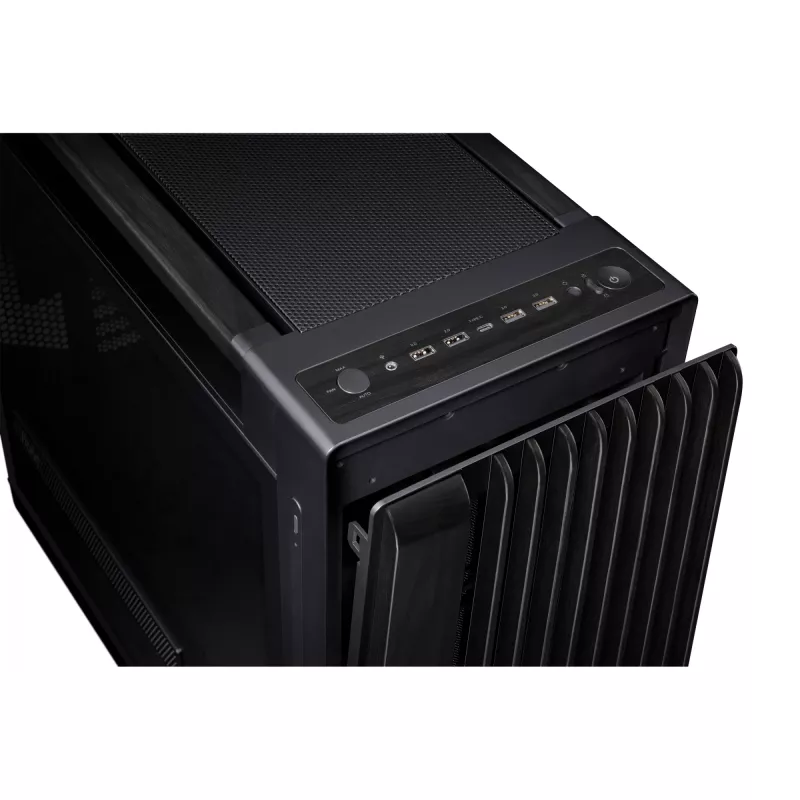PC korpuss ASUS ProArt PA602 Wood Edition Midi Tower Melns — Koks, ATX/EATX atbalsts, Rūdīts stikls, 4×3.5 collu / 8×2.5 collu, GPU līdz 450 mm