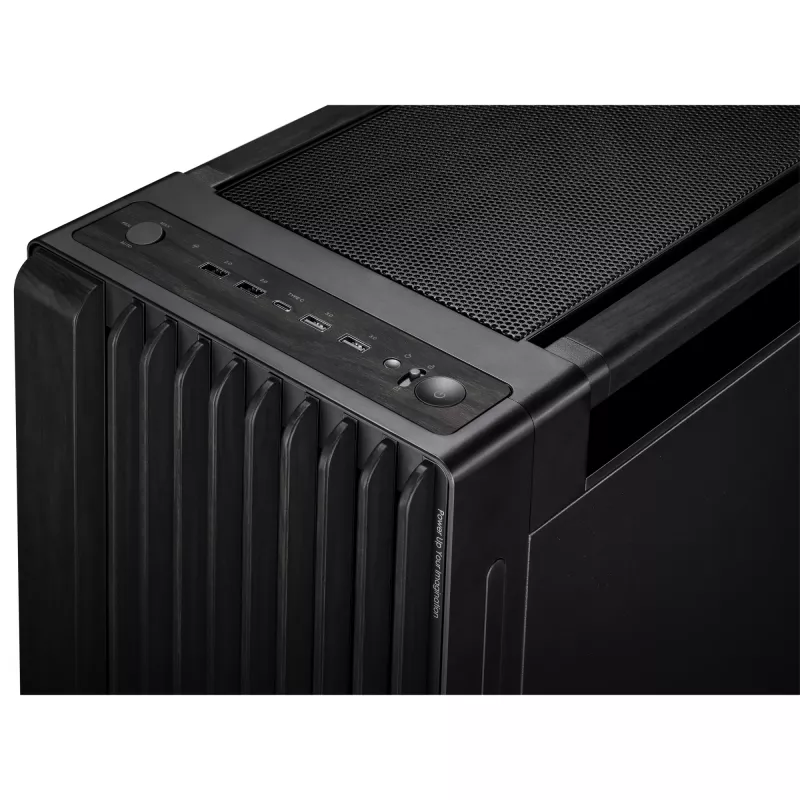PC korpuss ASUS ProArt PA602 Wood Edition Midi Tower Melns — Koks, ATX/EATX atbalsts, Rūdīts stikls, 4×3.5 collu / 8×2.5 collu, GPU līdz 450 mm