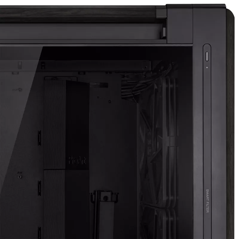 PC korpuss ASUS ProArt PA602 Wood Edition Midi Tower Melns — Koks, ATX/EATX atbalsts, Rūdīts stikls, 4×3.5 collu / 8×2.5 collu, GPU līdz 450 mm