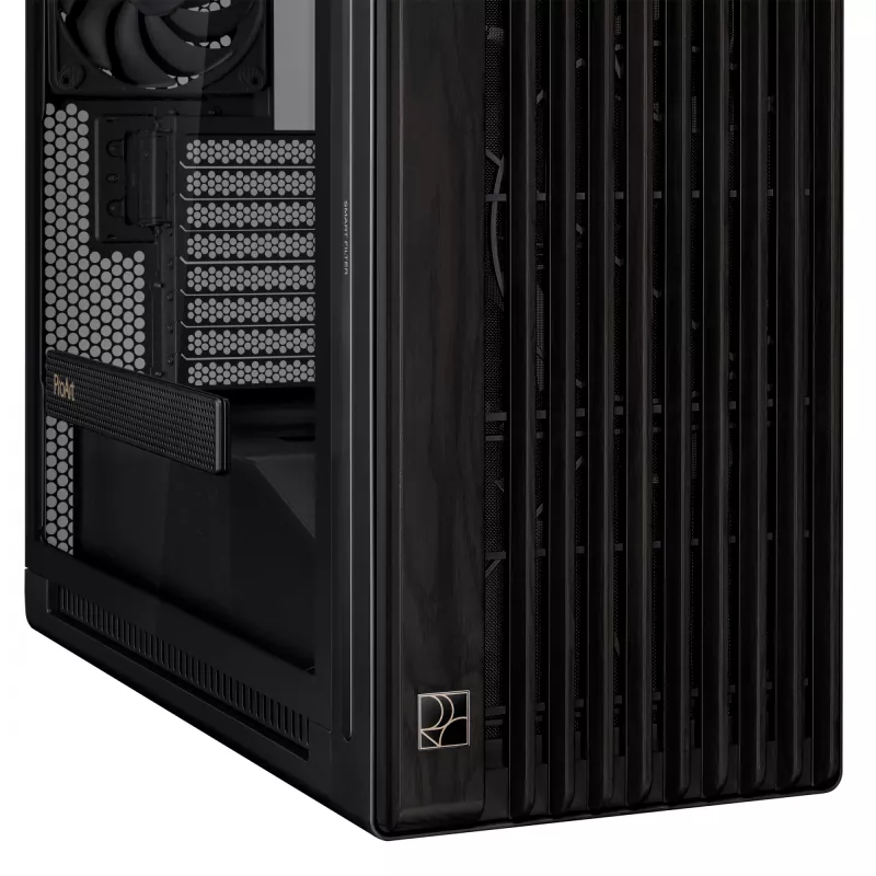 PC korpuss ASUS ProArt PA602 Wood Edition Midi Tower Melns — Koks, ATX/EATX atbalsts, Rūdīts stikls, 4×3.5 collu / 8×2.5 collu, GPU līdz 450 mm