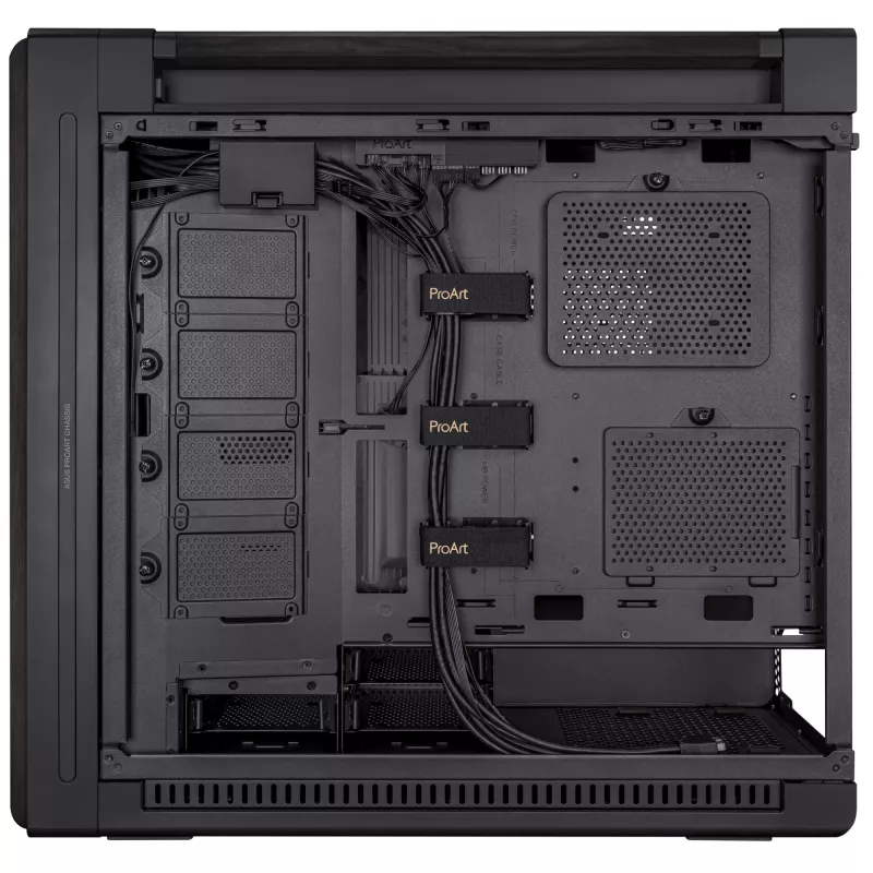 PC korpuss ASUS ProArt PA602 Wood Edition Midi Tower Melns — Koks, ATX/EATX atbalsts, Rūdīts stikls, 4×3.5 collu / 8×2.5 collu, GPU līdz 450 mm