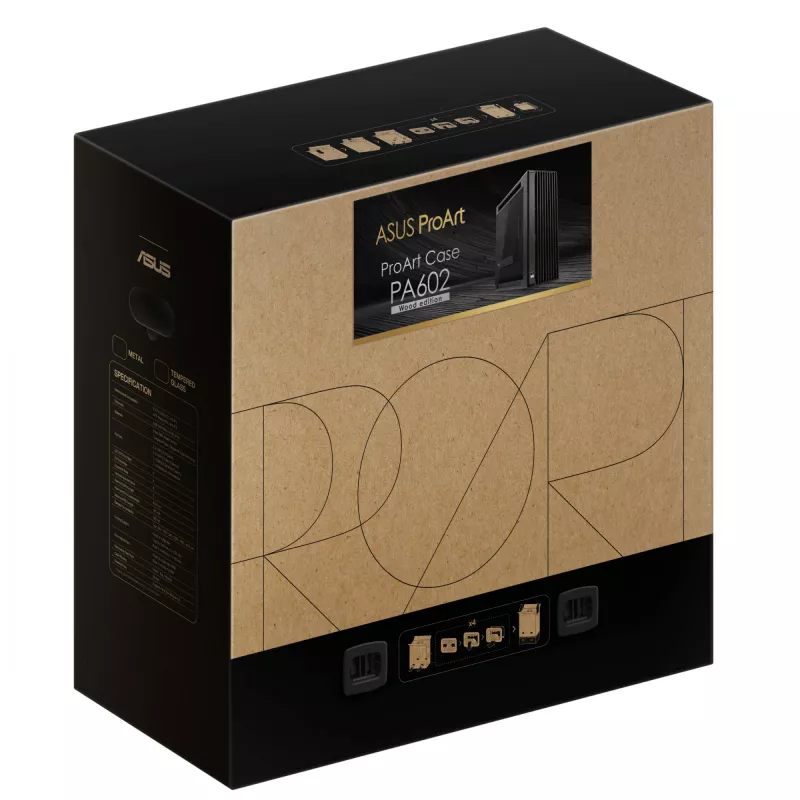 PC korpuss ASUS ProArt PA602 Wood Edition Midi Tower Melns — Koks, ATX/EATX atbalsts, Rūdīts stikls, 4×3.5 collu / 8×2.5 collu, GPU līdz 450 mm