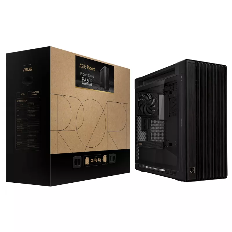 PC korpuss ASUS ProArt PA602 Wood Edition Midi Tower Melns — Koks, ATX/EATX atbalsts, Rūdīts stikls, 4×3.5 collu / 8×2.5 collu, GPU līdz 450 mm