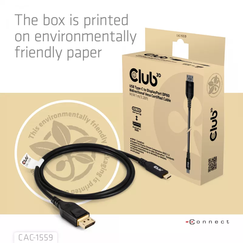 USB Type-C uz DisplayPort 2.1 kabelis, Club 3D CAC-1559, divvirzienu, VESA DP80 sertificēts, 1 m