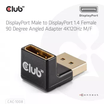 Adapter Club 3D DisplayPort vīrietis uz DisplayPort 1.4 sieviete 90° leņķis, atbalsta 4K@120Hz