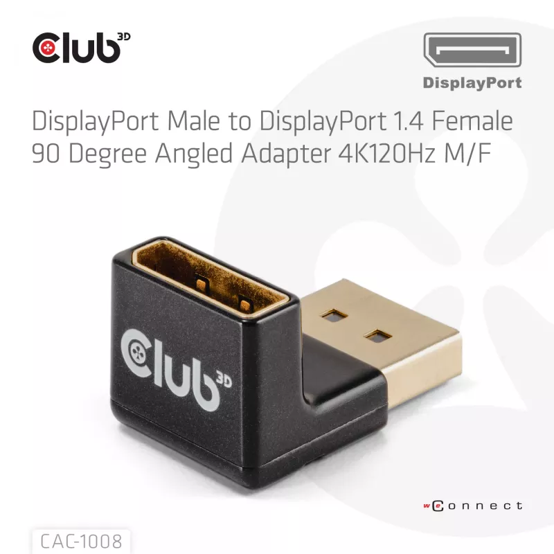 Adapter Club 3D DisplayPort vīrietis uz DisplayPort 1.4 sieviete 90° leņķis, atbalsta 4K@120Hz