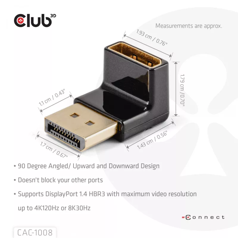 Adapter Club 3D DisplayPort vīrietis uz DisplayPort 1.4 sieviete 90° leņķis, atbalsta 4K@120Hz