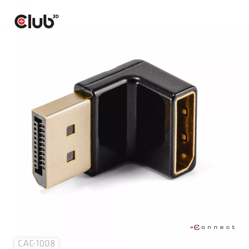 Adapter Club 3D DisplayPort vīrietis uz DisplayPort 1.4 sieviete 90° leņķis, atbalsta 4K@120Hz