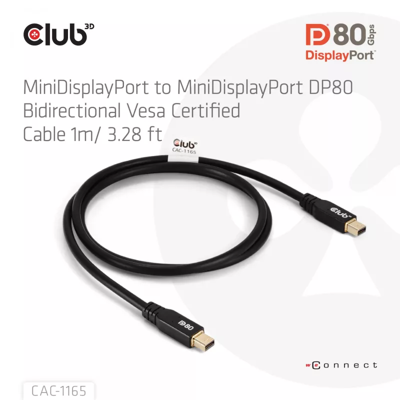 CLUB3D MiniDisplayPort™ uz MiniDisplayPort Divvirzienu VESA DP80 Sertificēts Kabelis M/M 1m/3.28ft