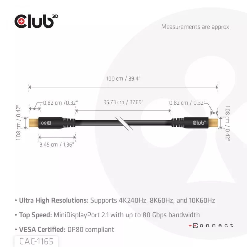 CLUB3D MiniDisplayPort™ uz MiniDisplayPort Divvirzienu VESA DP80 Sertificēts Kabelis M/M 1m/3.28ft