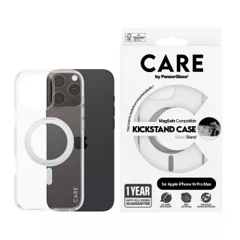PanzerGlass CARE™ by ® Macīgs Caurspīdīgs ar Sudraba Statīvu un MagSafe iPhone 16 Pro Max
