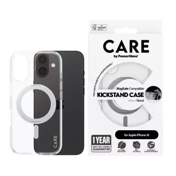 PanzerGlass CARE™ by ® Macīgs Caurspīdīgs ar Sudraba Statīvu un MagSafe iPhone 16