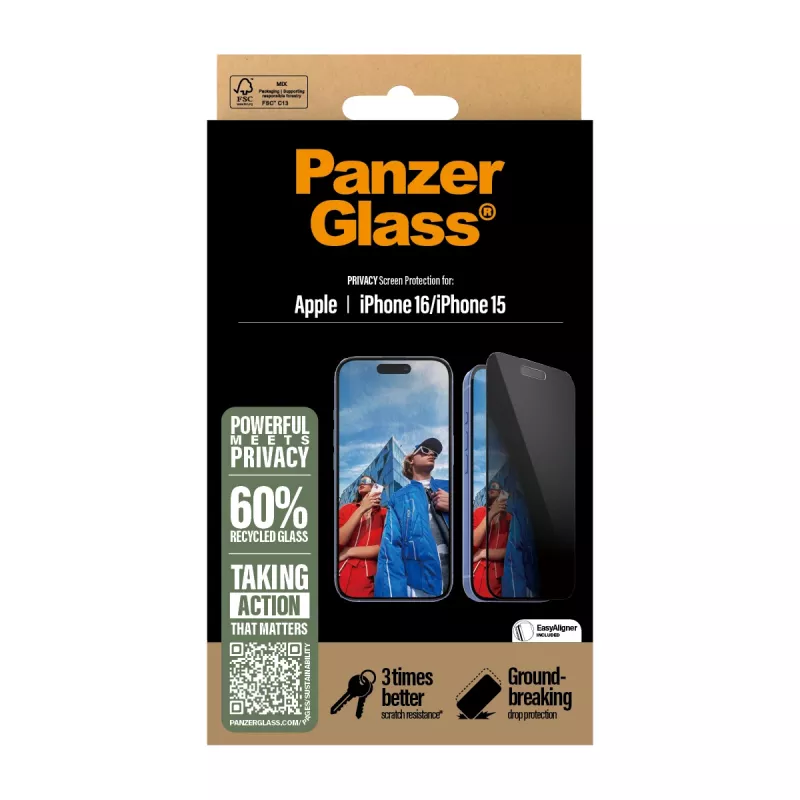 PanzerGlass® Privātuma ekrāna aizsargs iPhone 16 | 15 | Ultra-Wide Fit ar EasyAligner