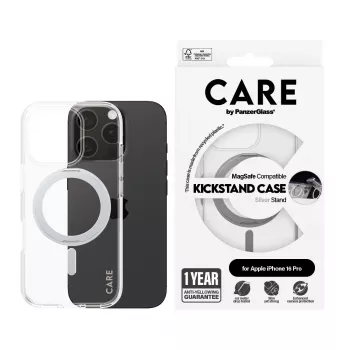 PanzerGlass CARE™ by ® Macīgs Caurspīdīgs ar Sudraba Statīvu un MagSafe iPhone 16 Pro