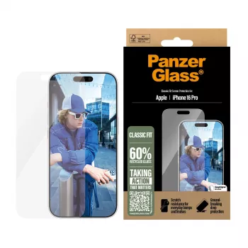 PanzerGlass ® Ekrāna aizsargs iPhone 16 Pro | Classic Fit, Apple, Apple - iPhone 16 Pro, Sausā uzlikšana, Izturīgs pret skrāpējumiem, Izturīgs pret triecieniem, Caurspīdīgs, 1 gab.