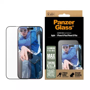 PanzerGlass® Ekrāna aizsargs ar alumīnija rāmi iPhone 16 Plus | 15 Plus | Ultra-Wide Fit