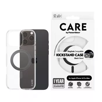 PanzerGlass CARE™ by ® Macītis Caurspīdīgs ar Melnu Statīvu un MagSafe iPhone 16 Pro Max