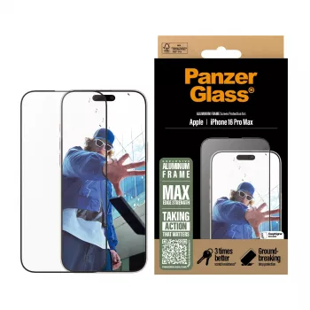 PanzerGlass ® Ekrāna aizsargs ar alumīnija rāmi iPhone 16 Pro Max | Ultra-Wide Fit