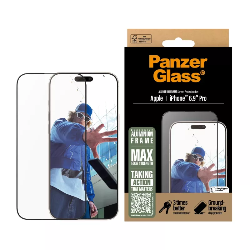 PanzerGlass ® Ekrāna aizsargs ar alumīnija rāmi iPhone 16 Pro Max | Ultra-Wide Fit