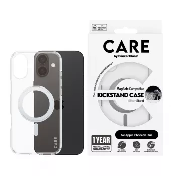 PanzerGlass CARE™ by ® Macīgs Caurspīdīgs ar Sudraba Statīvu un MagSafe iPhone 16 Plus
