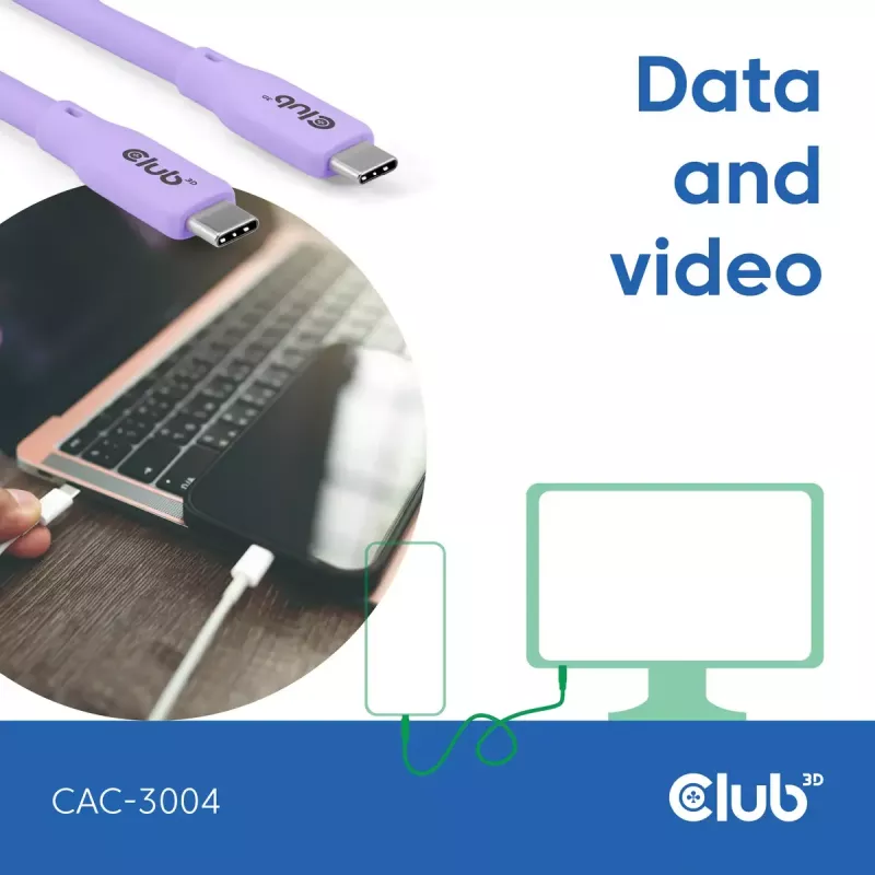 USB C kabelis CLUB3D CAC-3004 2m violets