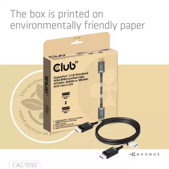 CLUB3D DisplayPort™ 2.1 Divirzienu VESA DP80 Sertificēts Kabelis 4K240Hz, 8K60Hz vai 10K60Hz M/M 1.6m