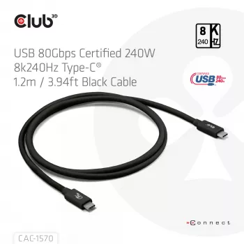 USB Type-C kabelis CLUB3D CAC-1570 1.2m — 80 Gbps, 240 W, atbalsta 8K@240 Hz, melns