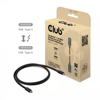 CLUB3D Thunderbolt™ 5 sertificēts kabelis 8K240Hz Dati 80/120 Gbps EPR 240 W vīriešu/vīriešu 1m / 3.28ft