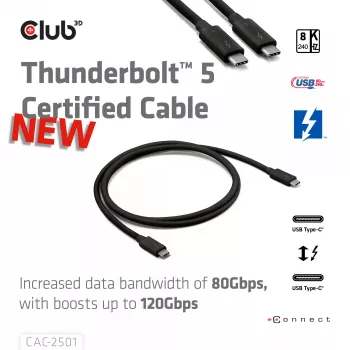 CLUB3D Thunderbolt™ 5 sertificēts kabelis 8K240Hz Dati 80/120 Gbps EPR 240 W vīriešu/vīriešu 1m / 3.28ft