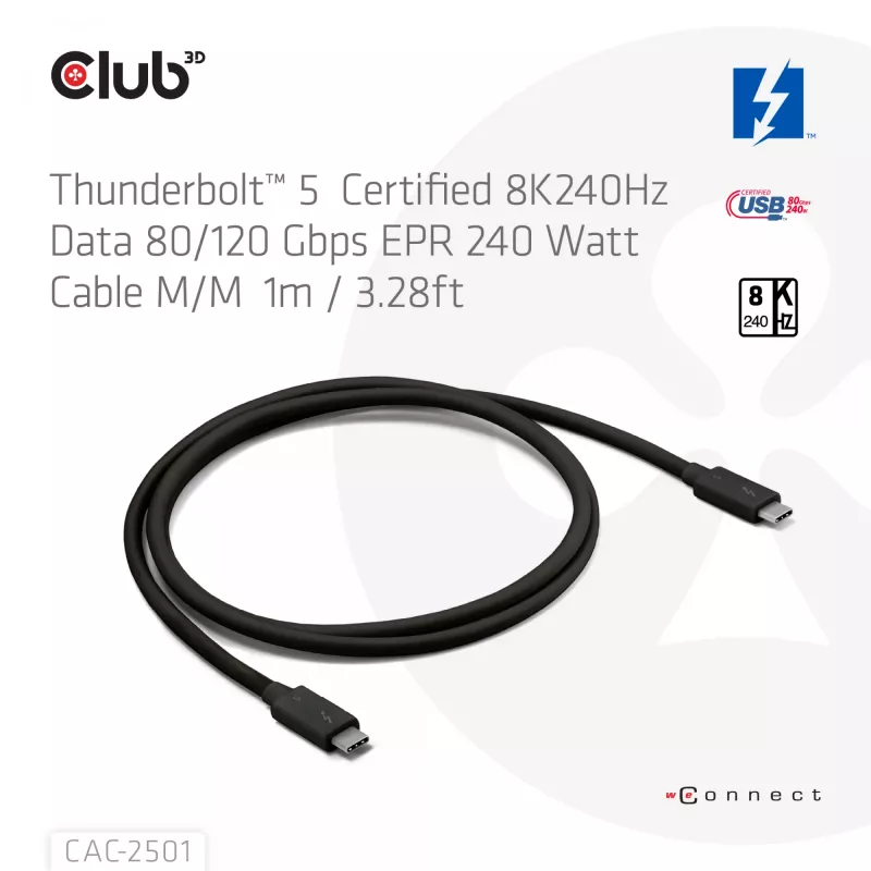 CLUB3D Thunderbolt™ 5 sertificēts kabelis 8K240Hz Dati 80/120 Gbps EPR 240 W vīriešu/vīriešu 1m / 3.28ft