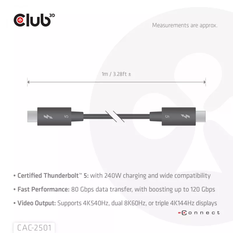 CLUB3D Thunderbolt™ 5 sertificēts kabelis 8K240Hz Dati 80/120 Gbps EPR 240 W vīriešu/vīriešu 1m / 3.28ft