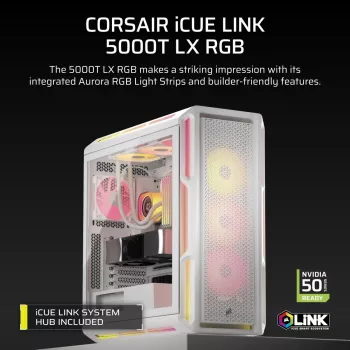 CORSAIR 5000T LX RGB (Temperētais Stikls) Balts - Vidējais Tornis Datora Korpuss