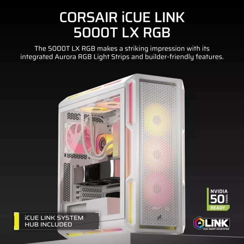 CORSAIR 5000T LX RGB (Temperētais Stikls) Balts - Vidējais Tornis Datora Korpuss