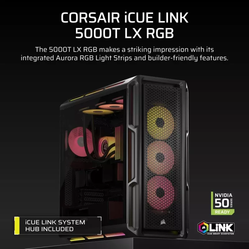 CORSAIR iCUE LINK 5000T LX RGB Mid-Tower korpuss - augstas veiktspējas