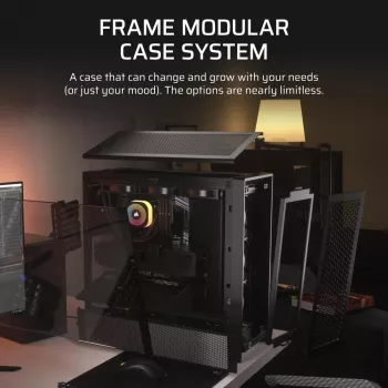 PC korpuss CORSAIR FRAME 4000D RS Midi Tower — melns, EATX atbalsts, rūdīts stikls, USB-C, 3x120mm priekšējie ventilatori