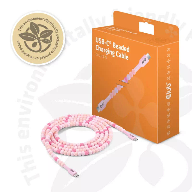 Club 3D CAC-3010 USB-C uz USB-C pērlīšu kabelis, 2 m, PD 60 W, 480 Mbps, rozā