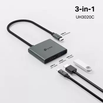 USB-C centrmezgls TP-Link UH3020C — 3 porti (HDMI, USB-A, USB-C), 5 Gbit/s, HDMI 4K@60Hz, PD līdz 100W, alumīnijs, 0,18 m kabelis