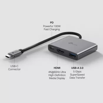 USB-C centrmezgls TP-Link UH3020C — 3 porti (HDMI, USB-A, USB-C), 5 Gbit/s, HDMI 4K@60Hz, PD līdz 100W, alumīnijs, 0,18 m kabelis