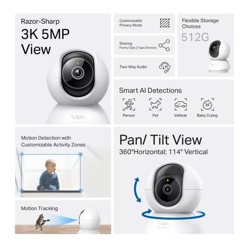 TP-Link Tapo Pan/Tilt AI mājas drošības Wi-Fi kamera, 3K 5MP, 2.4 GHz, horizontāli 360°