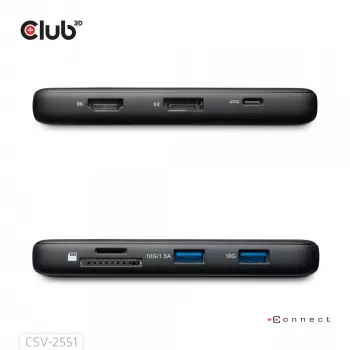 CLUB3D 8-1 Portatīvā USB Type-C 10Gbps dokstacija ar HDMI un DisplayPort 8K30Hz un PD līdz 100W
