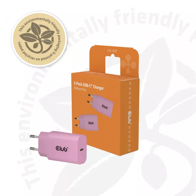 CLUB3D 2 gab. USB-C lādētājs 30W balts, iekštelpām, AC, rozā