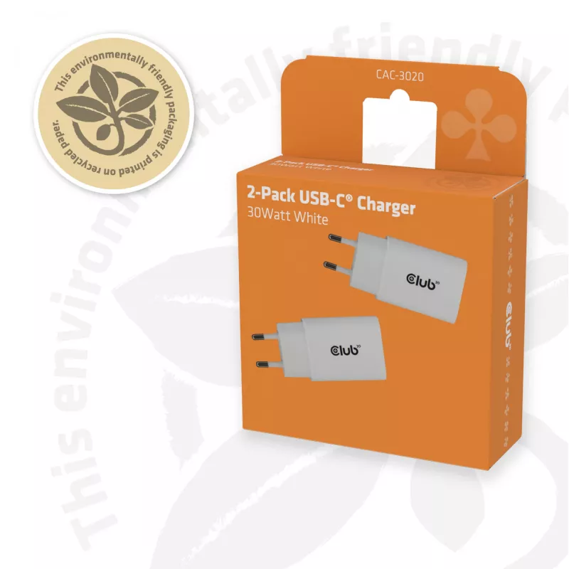USB-C lādētājs 2‑pakā CLUB3D CAC-3020, 30 W kopā, balts