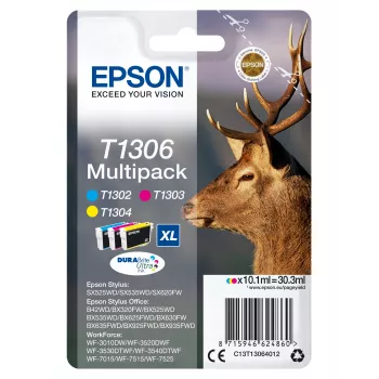Epson Stag Multipack 3 krāsas T1306 DURABrite Ultra Tinte, Augstas (XL) ietilpības, Ciāna, Fuksīna, Dzeltena, Pigmenta tinte, 10.1 ml, 1 gab., Multi pack