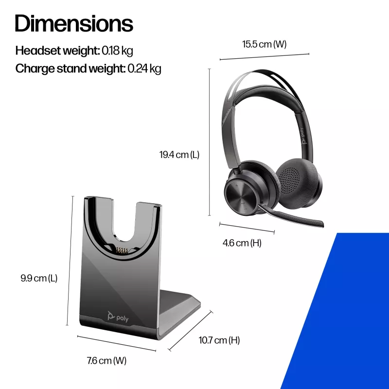 HP Poly Voyager Focus 2 USB-C-C austiņas + USB-C/A adapteris + uzlādes statīvs