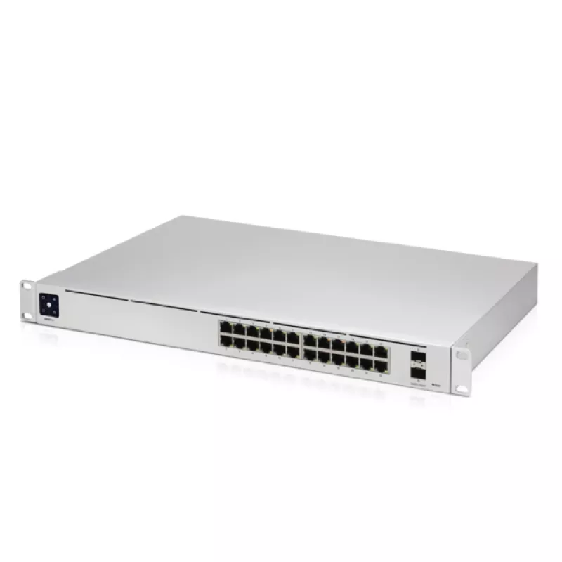 Pārvaldāms slēdzis UBIQUITI USW-PRO-24-EU — 24× Gigabit RJ-45, 2× SFP+, L2/L3, statīvā montējams, sudrabs