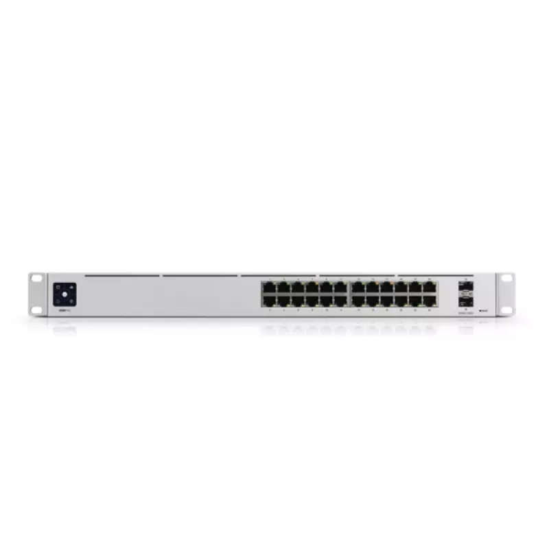 Pārvaldāms slēdzis UBIQUITI USW-PRO-24-EU — 24× Gigabit RJ-45, 2× SFP+, L2/L3, statīvā montējams, sudrabs